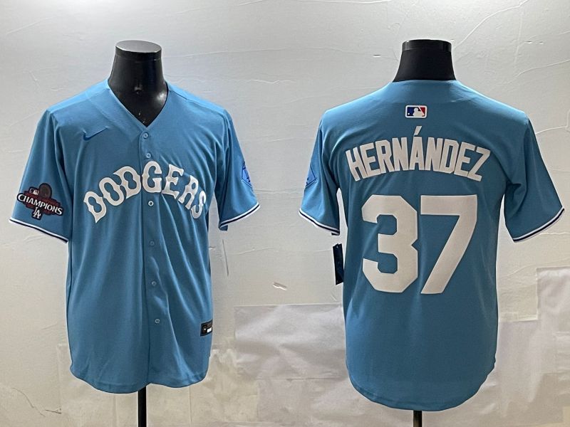 Men Los Angeles Dodgers 37 Hernandez Light Blue Joint Name 2025 Nike MLB Jersey style 15
